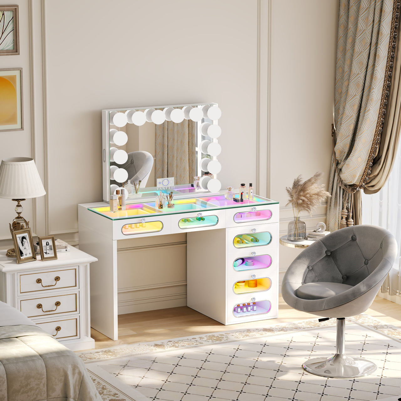 Priscilla 7 Glass Fronted Drawers Vanity Set with Mirror and Chair