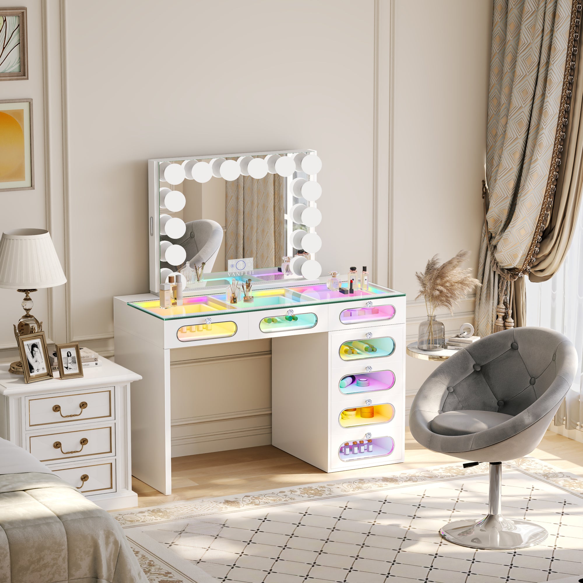 Priscilla 7 Glass Fronted Drawers Vanity Set with Mirror and Chair