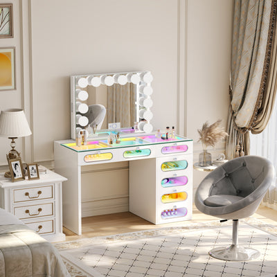 Priscilla 7 Glass Fronted Drawers Vanity Set with Mirror and Chair