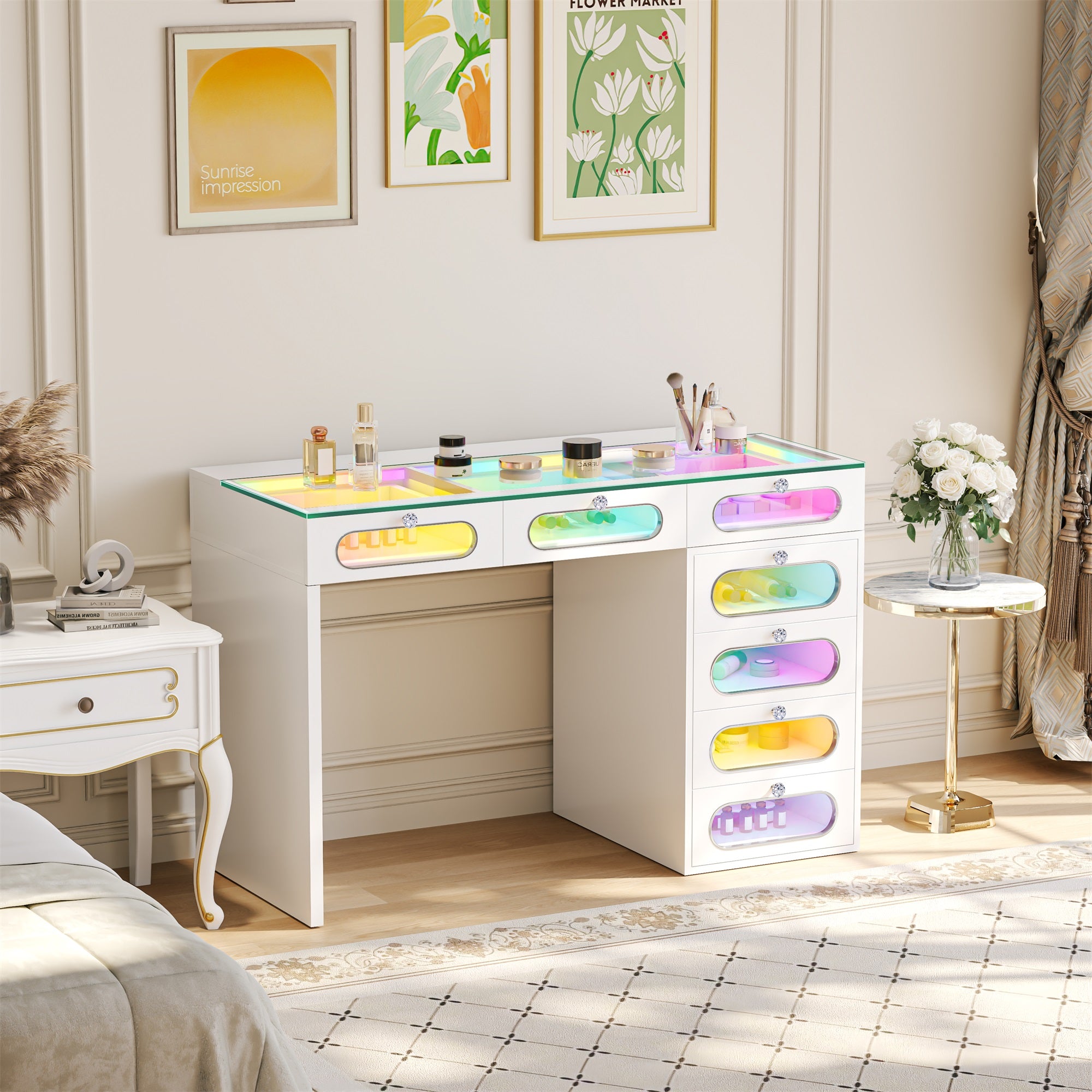 New Release ! 7 Glass Fronted Drawers with Crystal Handles