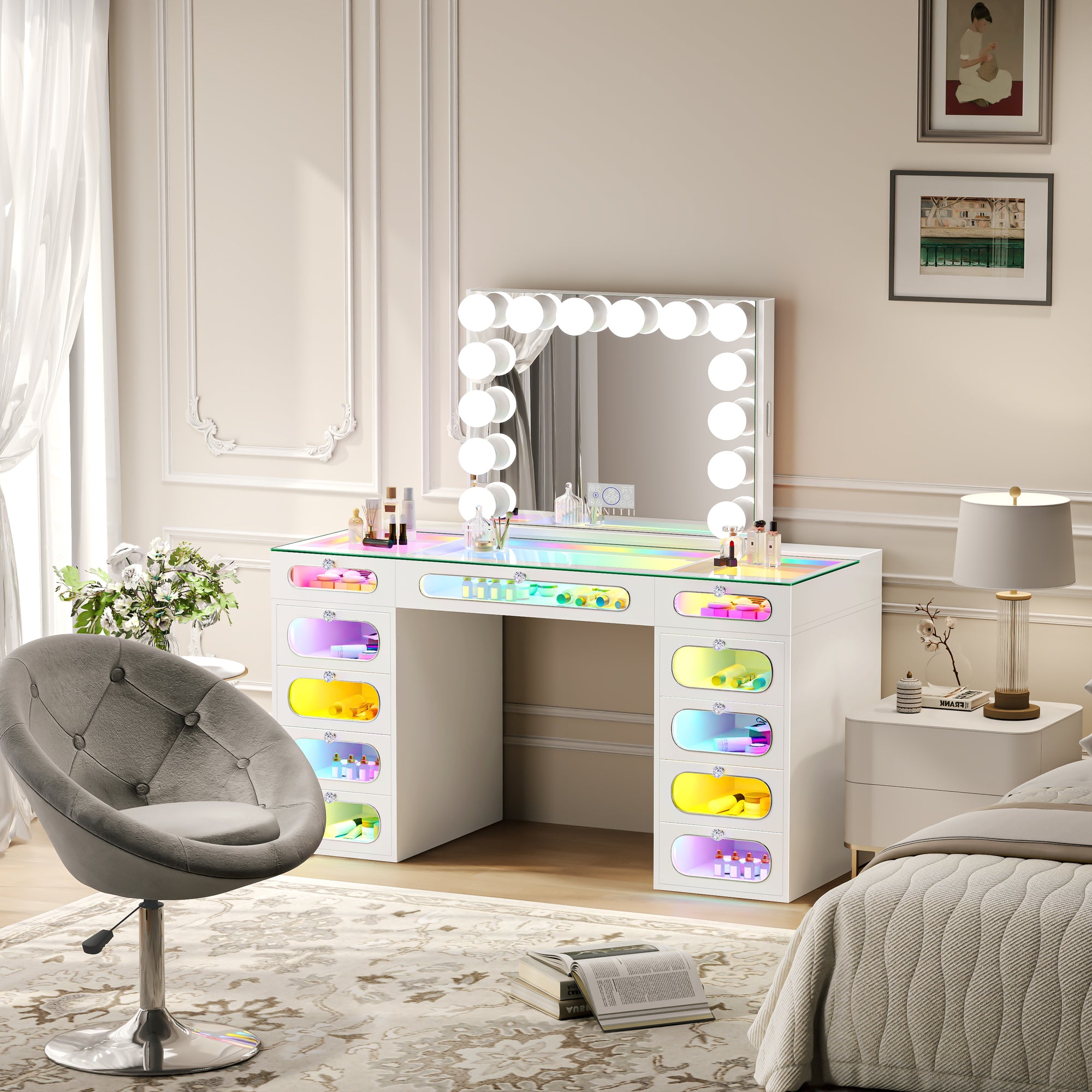 Priscilla Makeup Vanity Set with Jewelry Storage Mirror, 11-Drawer Vanity Table & chair