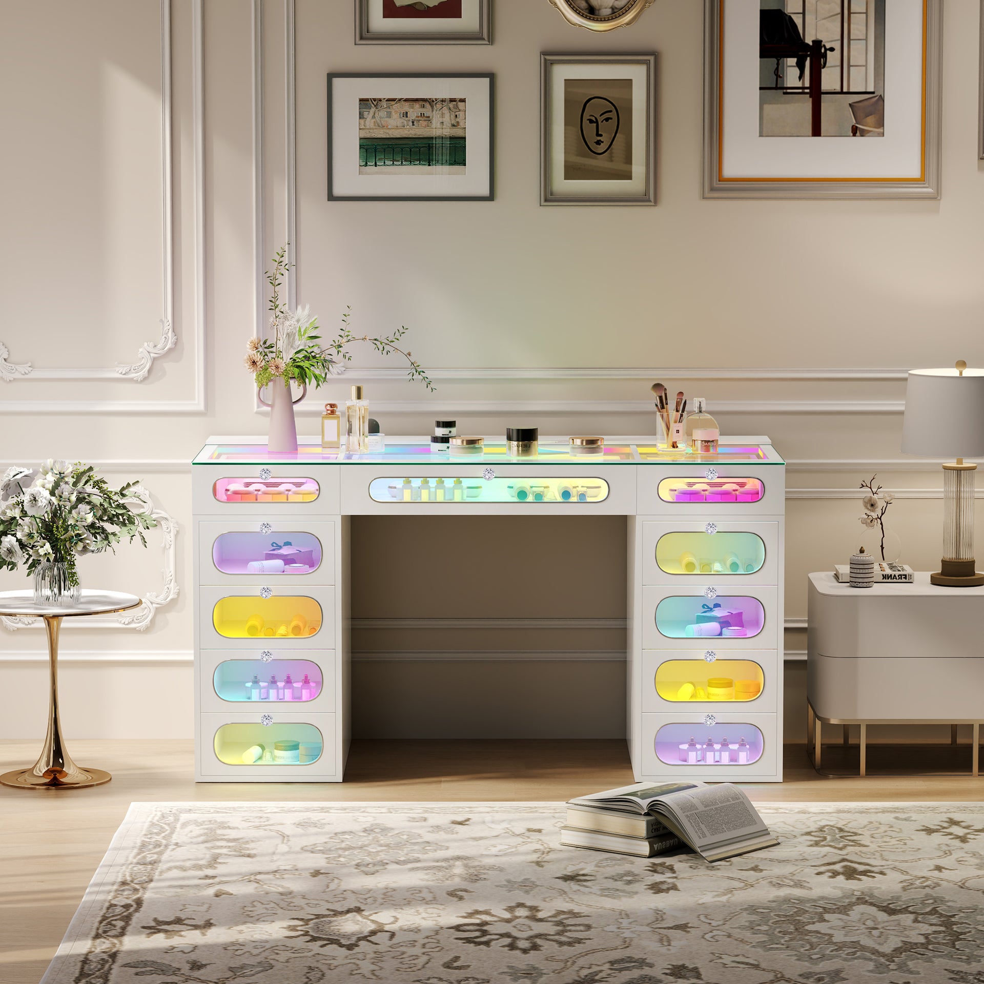New Release ! Priscilla Vanity Desk-11 Glass Fronted Drawers with Crystal Handles