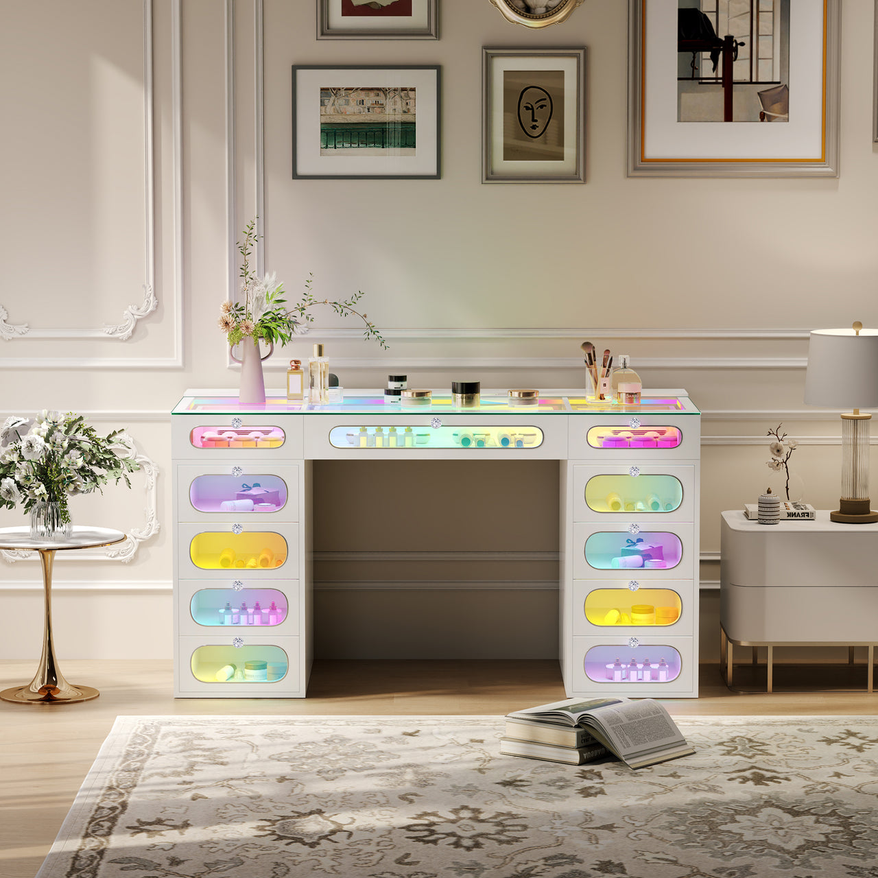 New Release ! Priscilla Vanity Desk-11 Glass Fronted Drawers with Crystal Handles