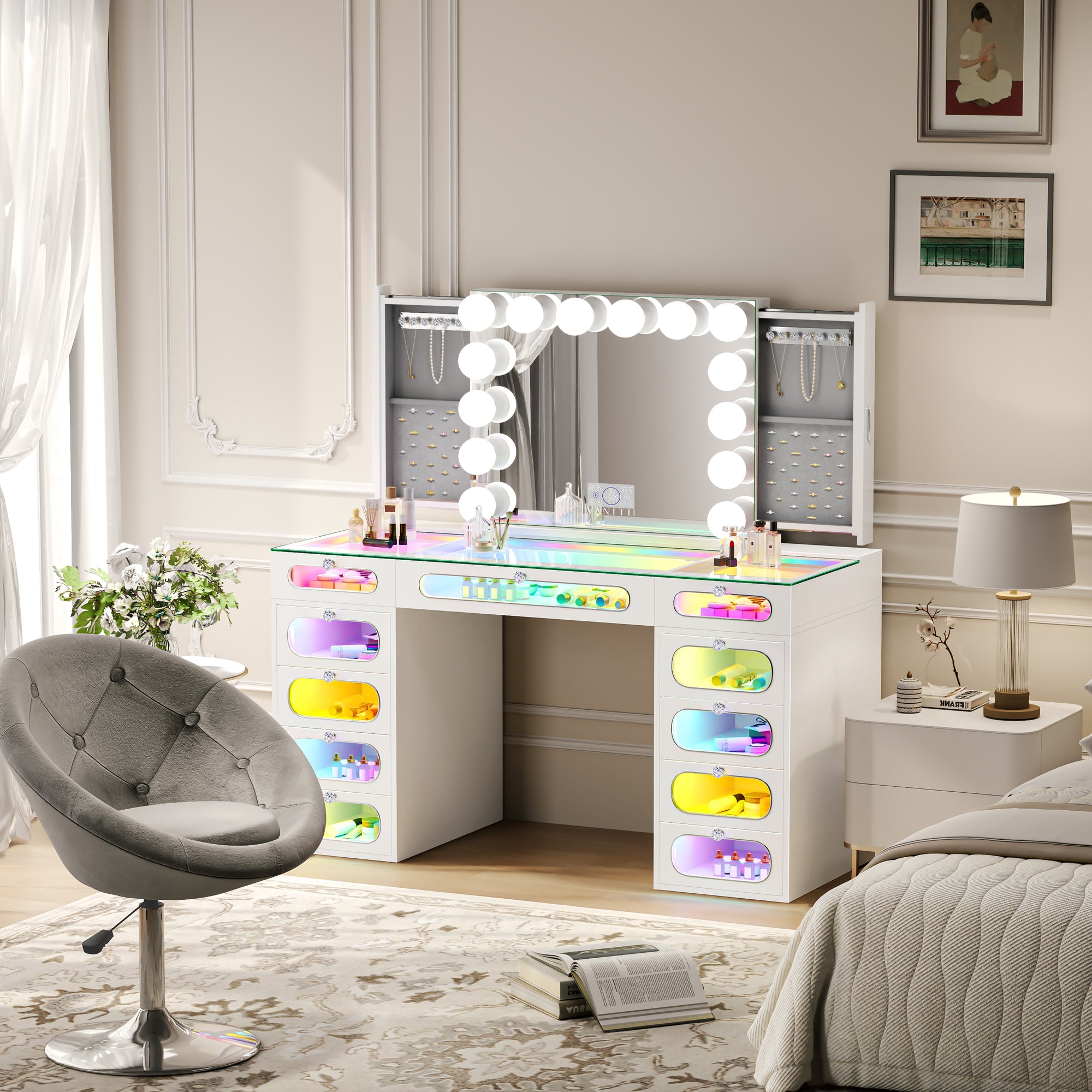 Priscilla Makeup Vanity Set with Jewelry Storage Mirror, 11-Drawer Vanity Table & chair