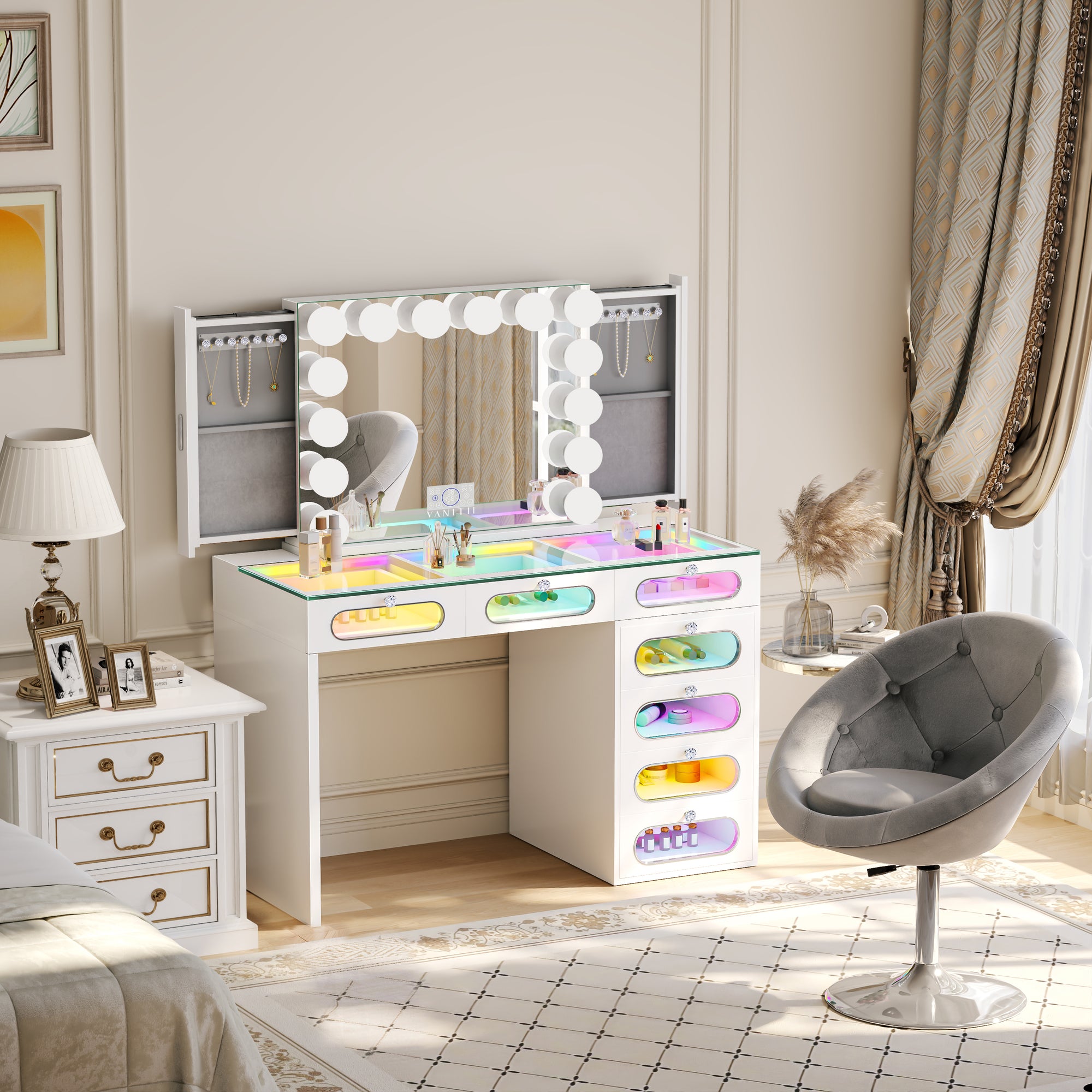 Priscilla 7 Glass Fronted Drawers Vanity Set with Mirror and Chair