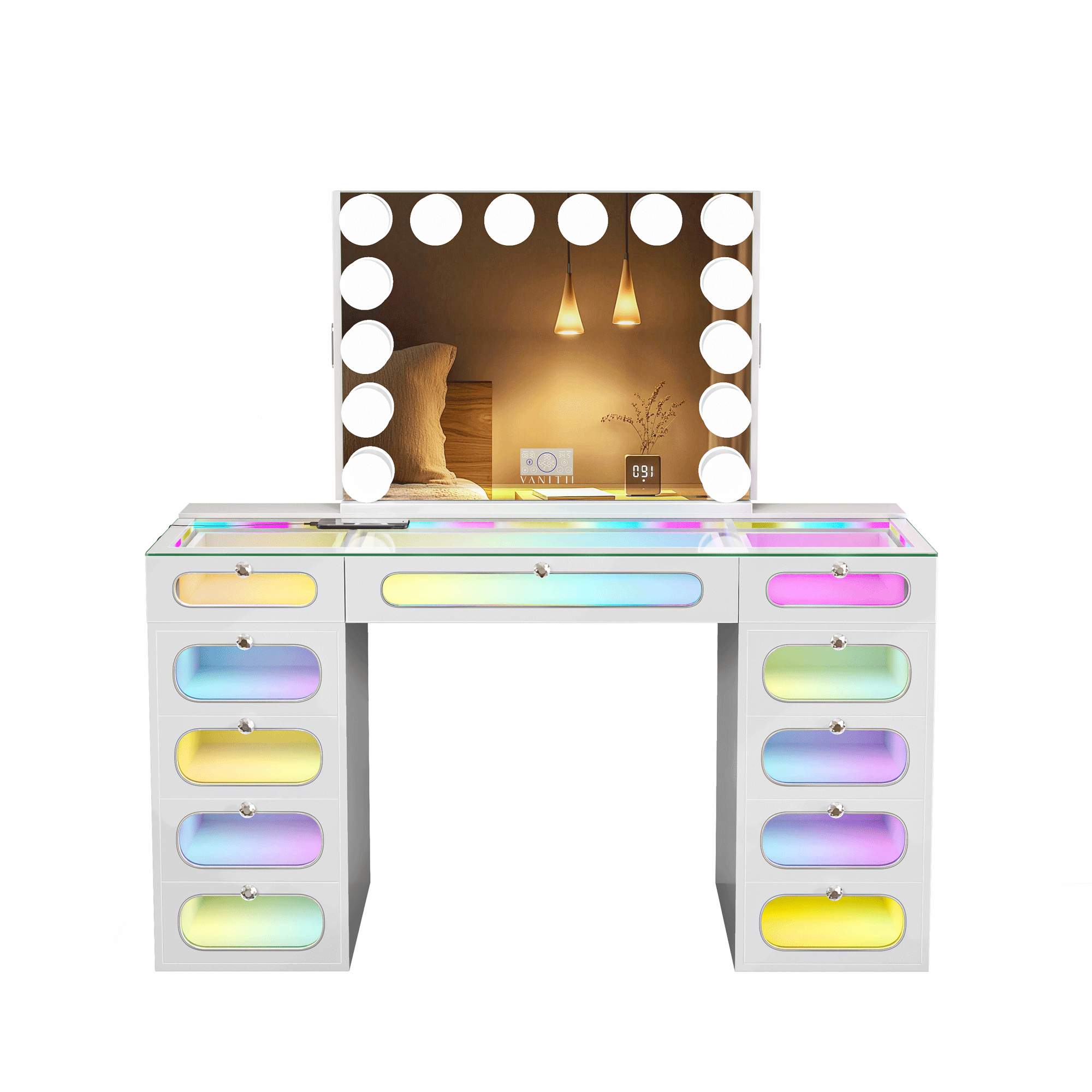 Priscilla Makeup Vanity Set with Jewelry Storage Mirror, 11-Drawer Vanity Table & chair