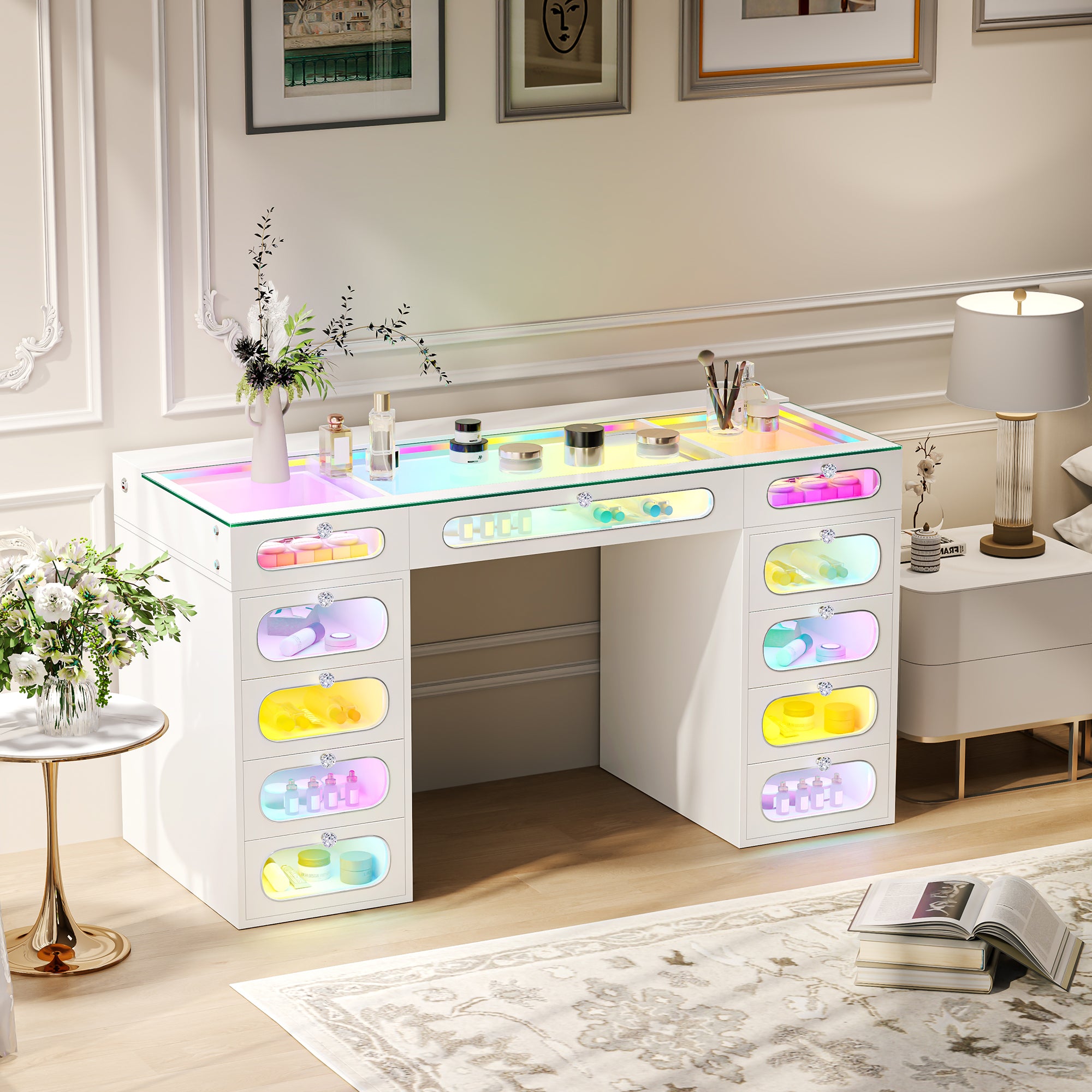 New Release ! Priscilla Vanity Desk-11 Glass Fronted Drawers with Crystal Handles