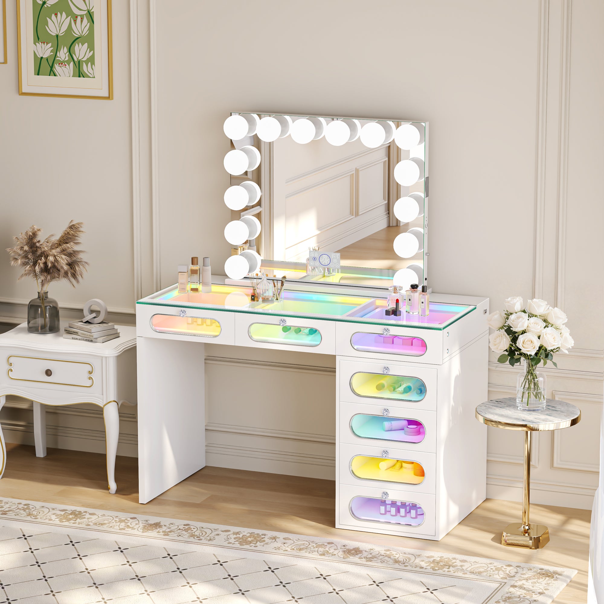 Priscilla-7 Glass Fronted Drawers Vanity Set with Mirror & Chair