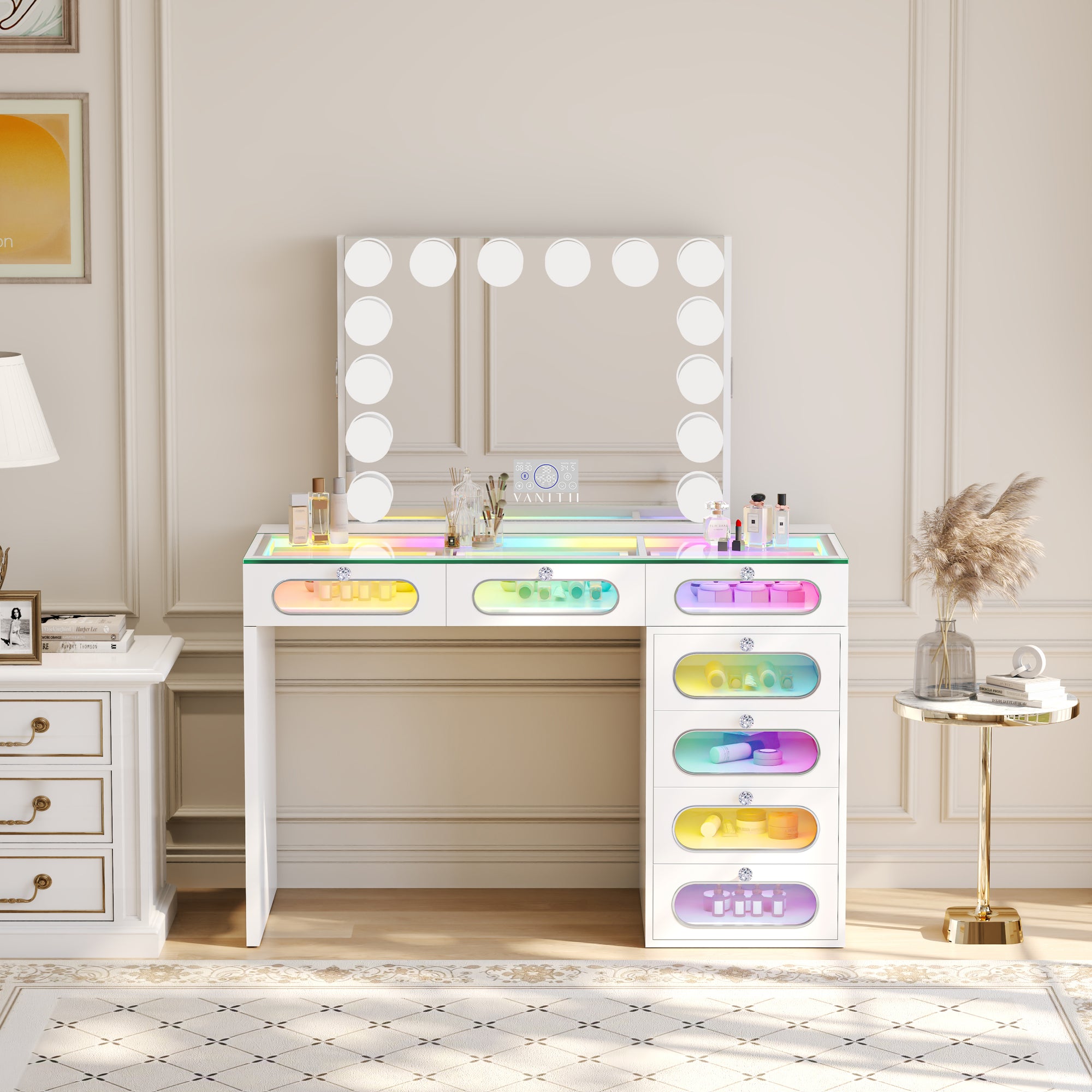 Priscilla 7 Glass Fronted Drawers Vanity Set with Mirror and Chair