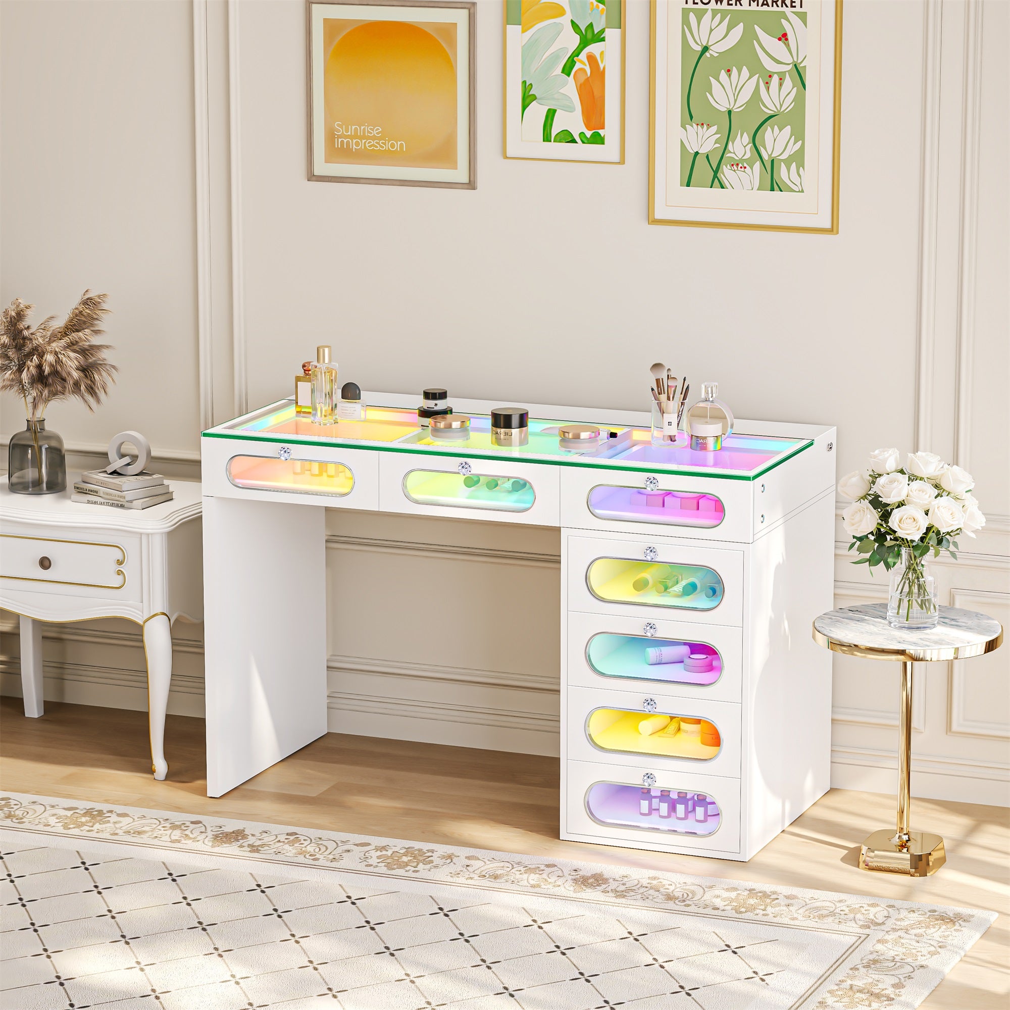 New Release ! 7 Glass Fronted Drawers with Crystal Handles
