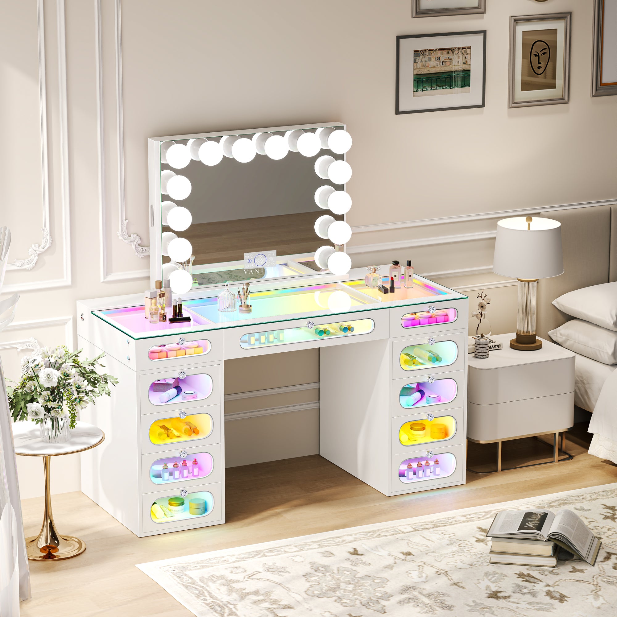 Priscilla Makeup Vanity Set with Jewelry Storage Mirror, 11-Drawer Vanity Table & chair