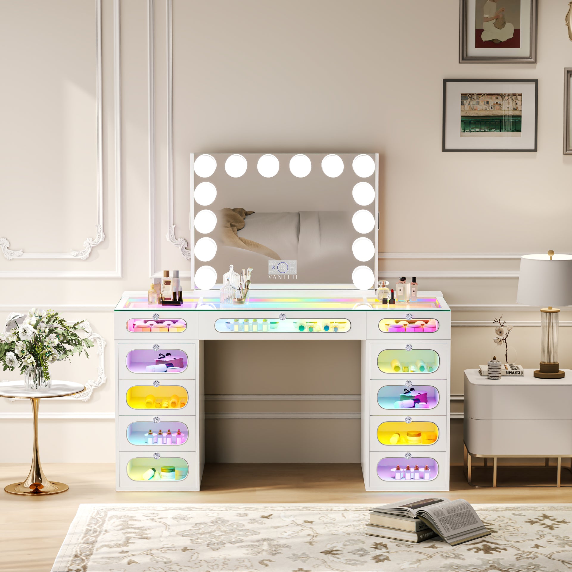 Priscilla Makeup Vanity Set with Jewelry Storage Mirror, 11-Drawer Vanity Table & chair