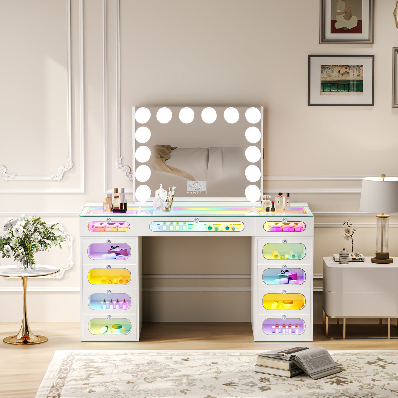 Priscilla Makeup Vanity Set with Jewelry Storage Mirror, 11-Drawer Vanity Table & chair