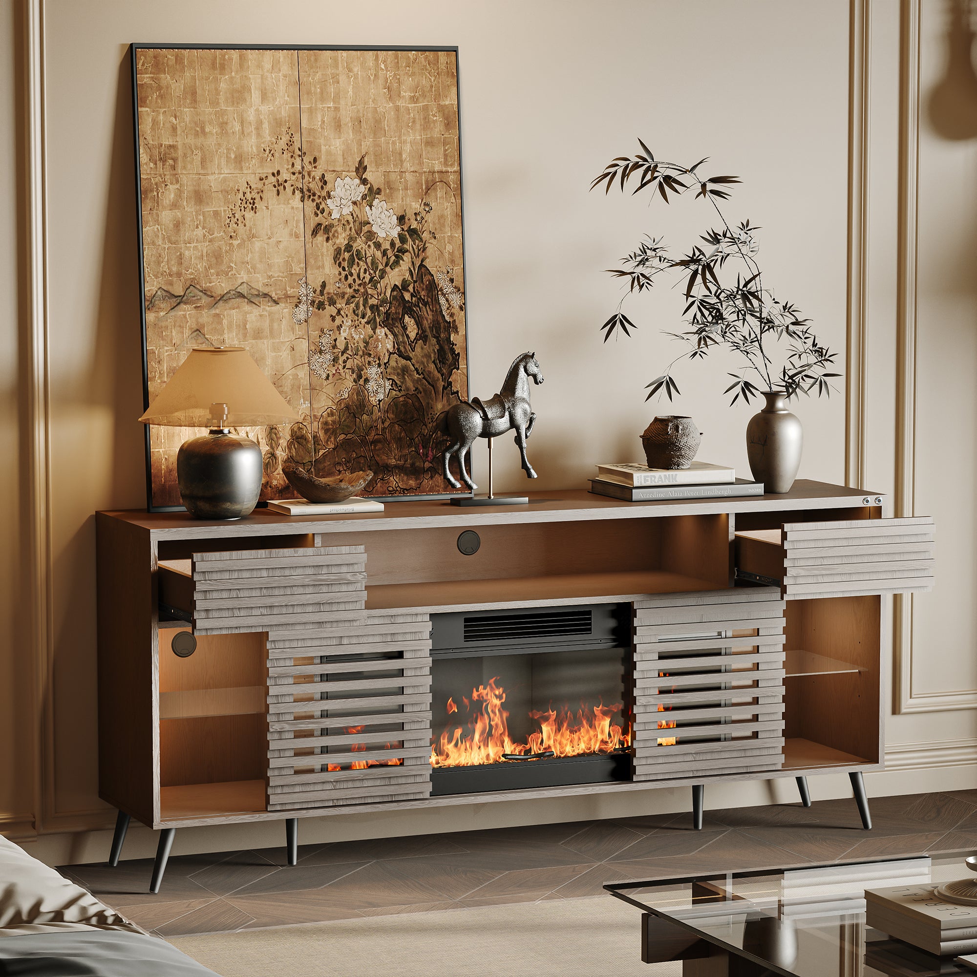 SITA Fully Assembled 71" TV Stand with Electric Fireplace