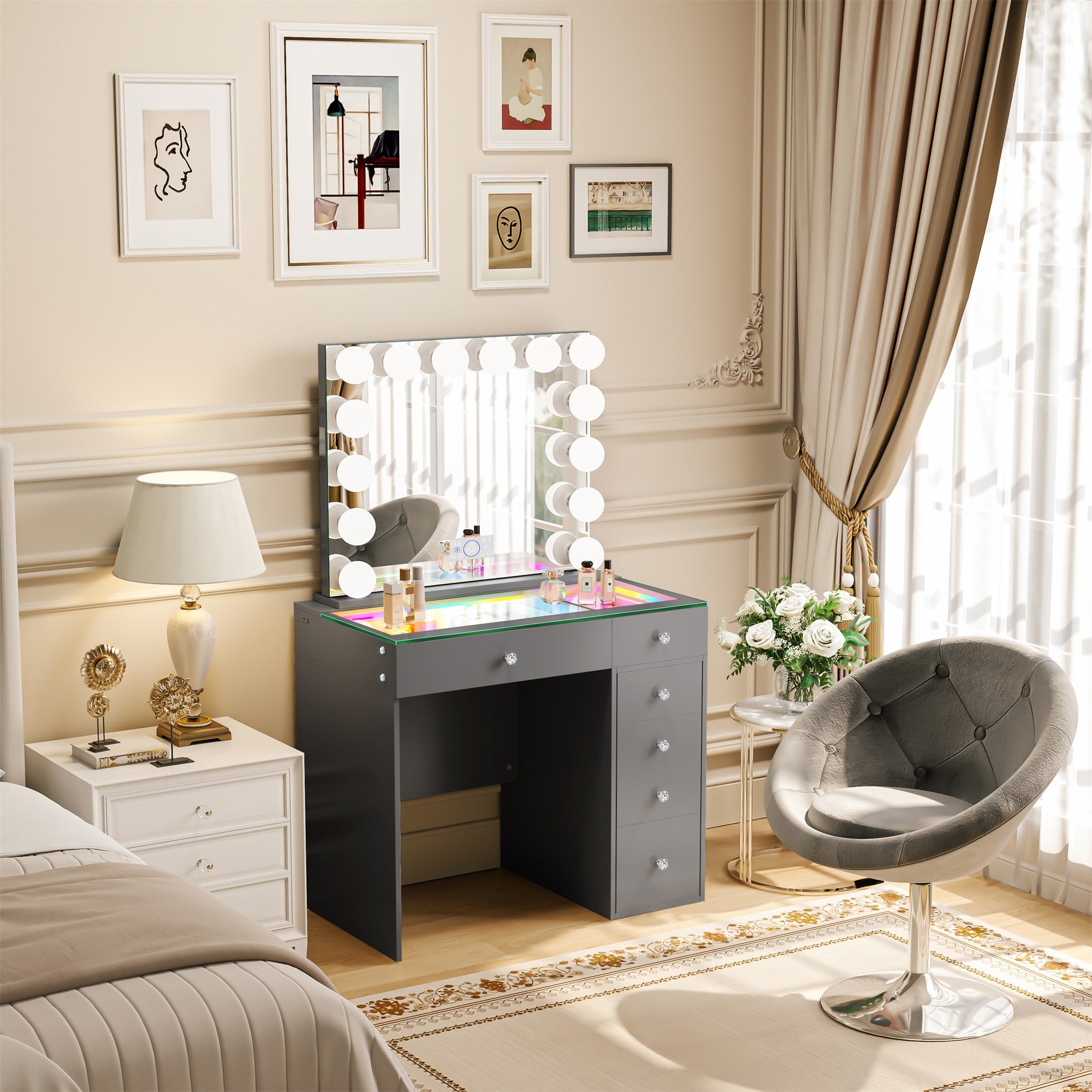 Mini Diana -6 Storage Drawers Vanity Set with Mirror & Chair