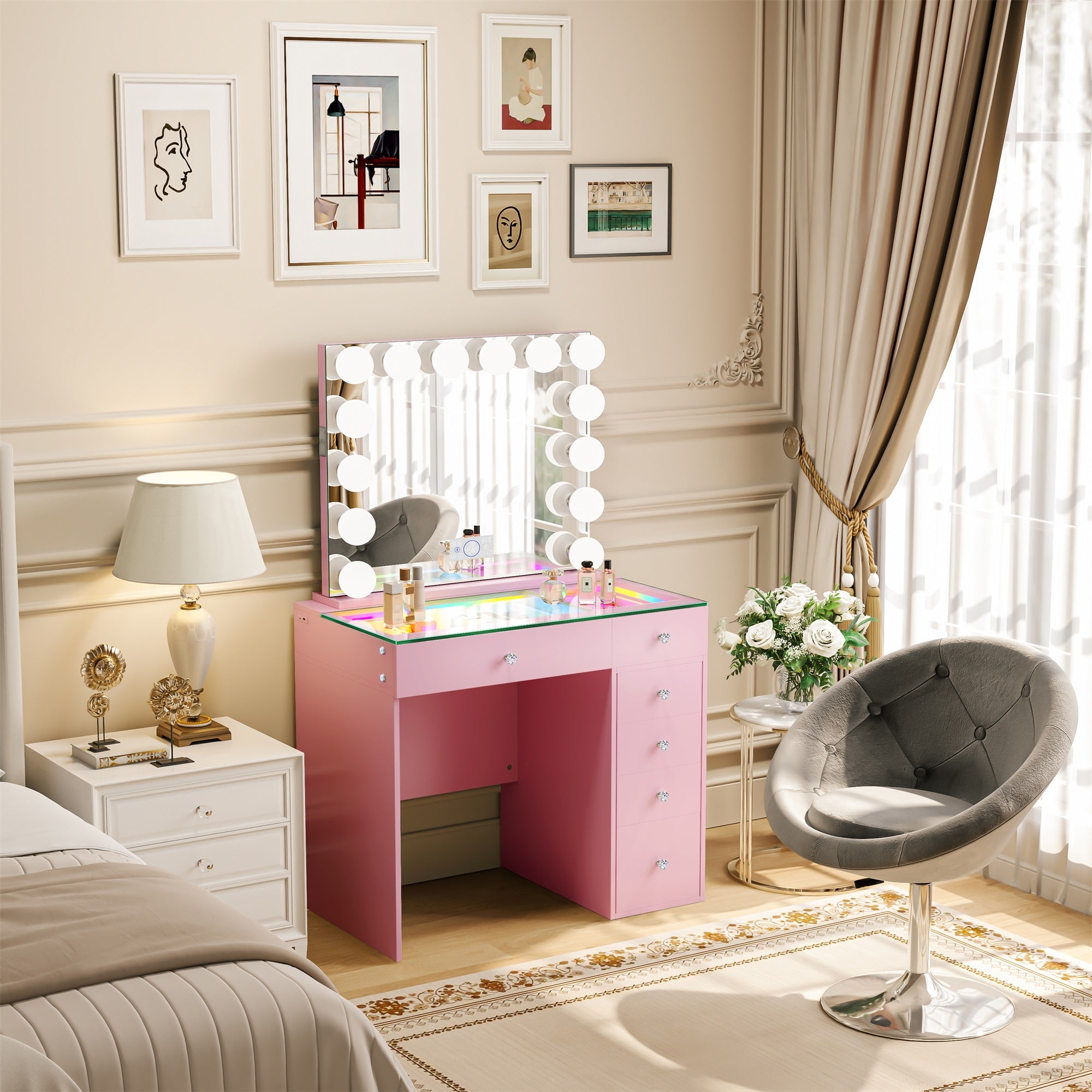 Mini Diana -6 Storage Drawers Vanity Set with Mirror & Chair