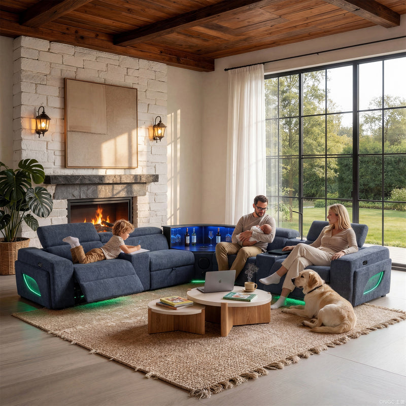 Rowan Power Recliner Air Leather Sectional Blue