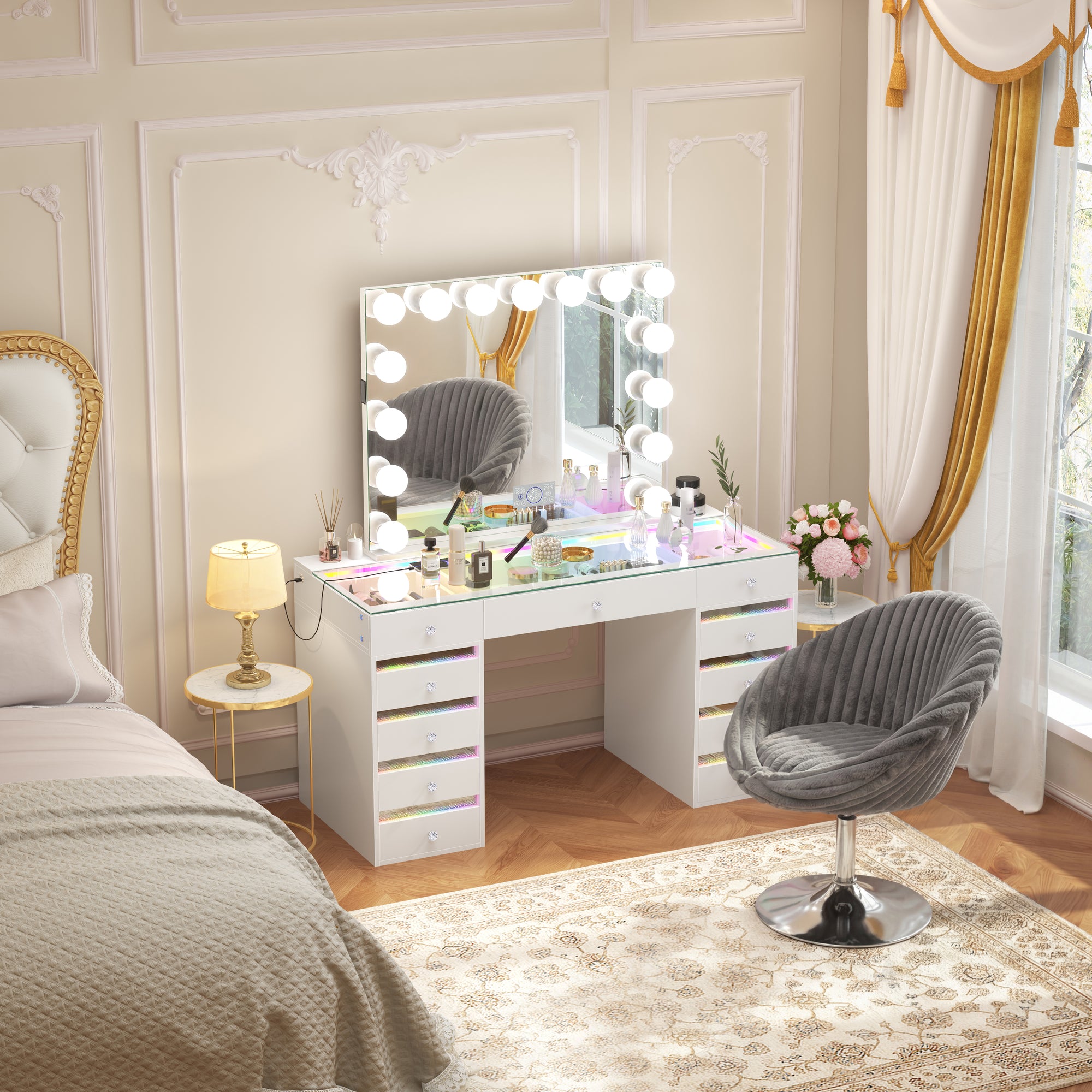 Fenair Vanity Desk with RGB light including Vanity Mirror & Chair