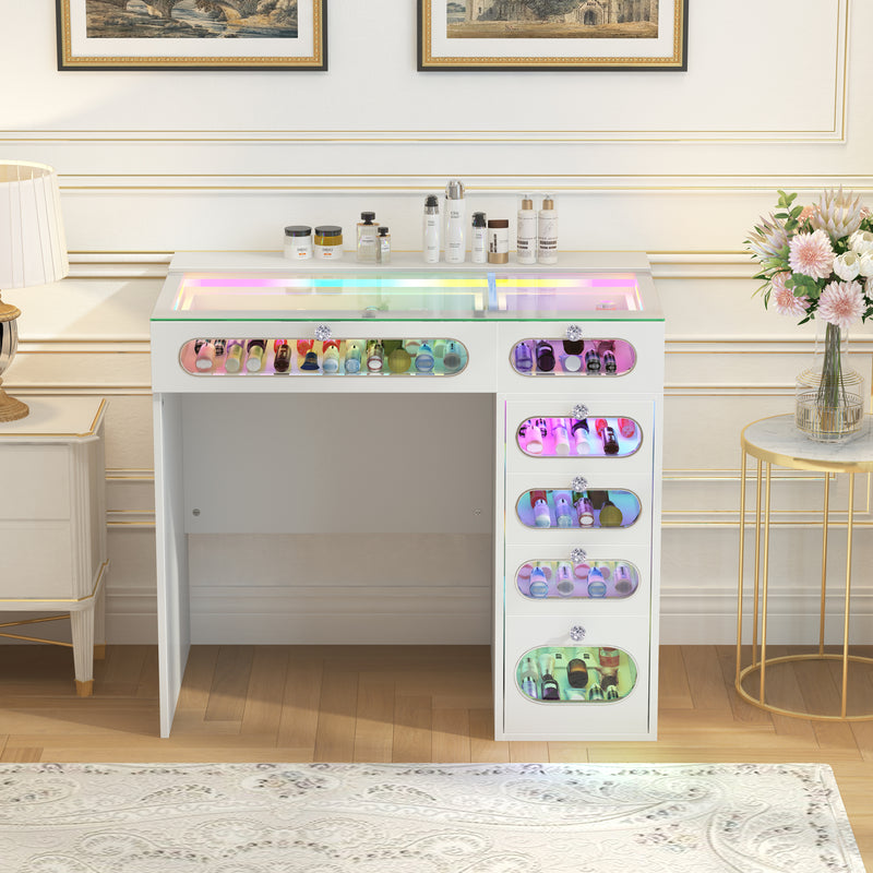 6 Glass Fronted Drawers Vanity Desk