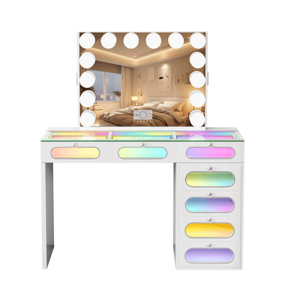Priscilla 7 Glass Fronted Drawers Vanity Set with Mirror and Chair