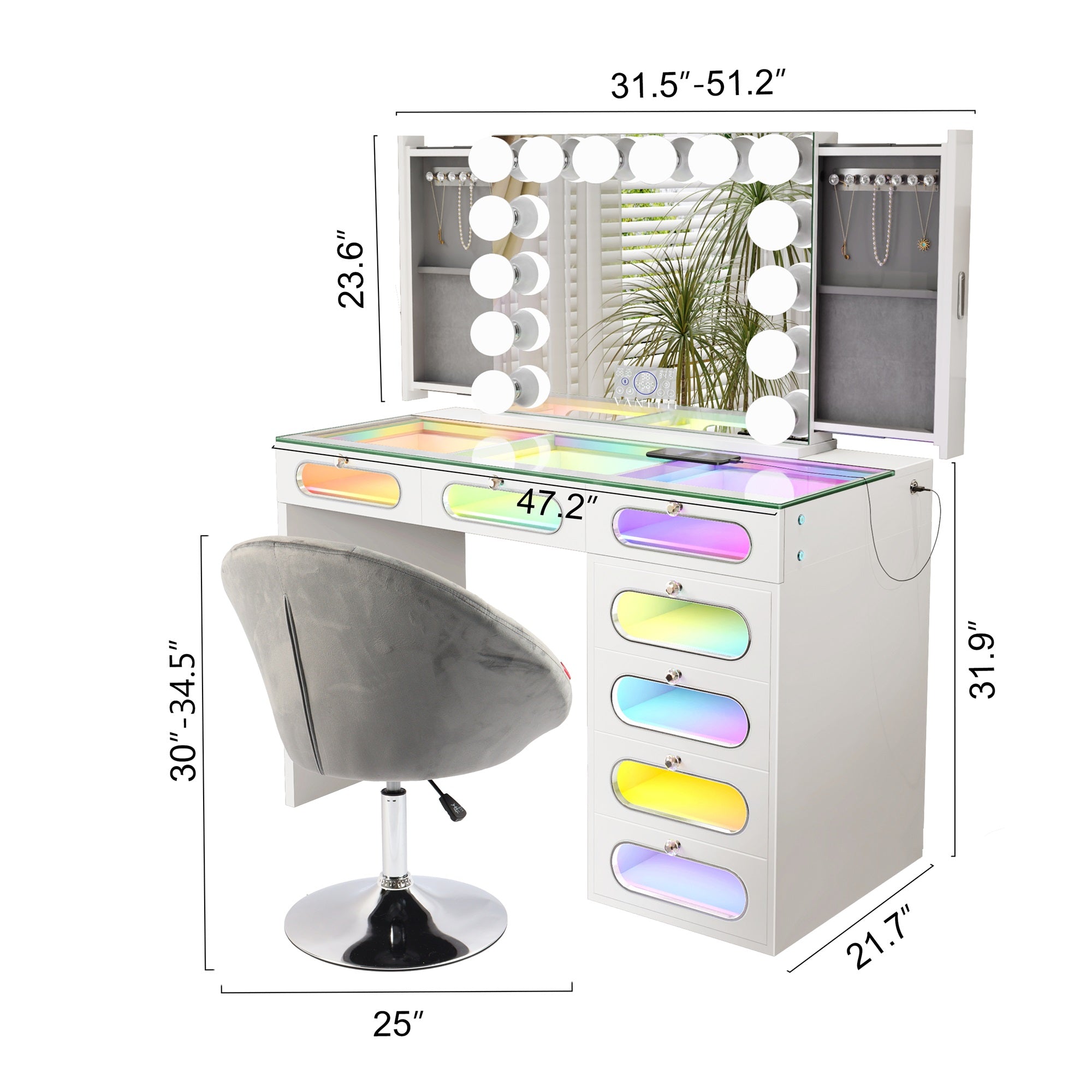 Priscilla 7 Glass Fronted Drawers Vanity Set with Mirror and Chair