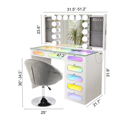 Priscilla 7 Glass Fronted Drawers Vanity Set with Mirror and Chair