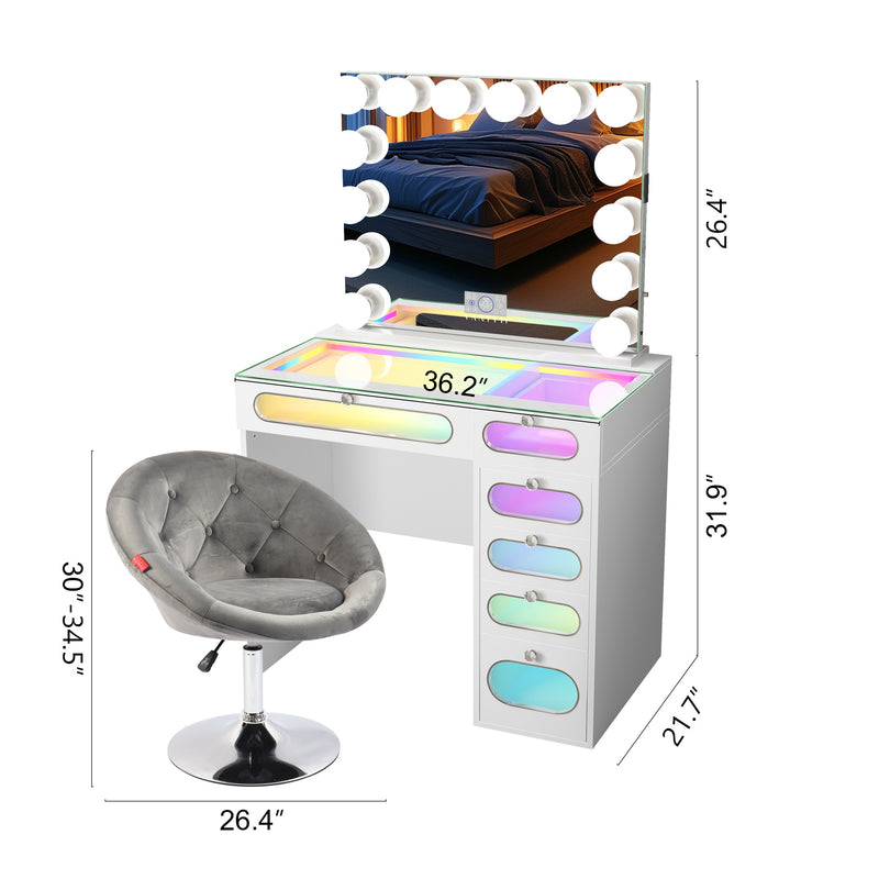 New Release ! Priscilla 6 Glass Fronted Drawers Vanity Set with Mirror & Chair