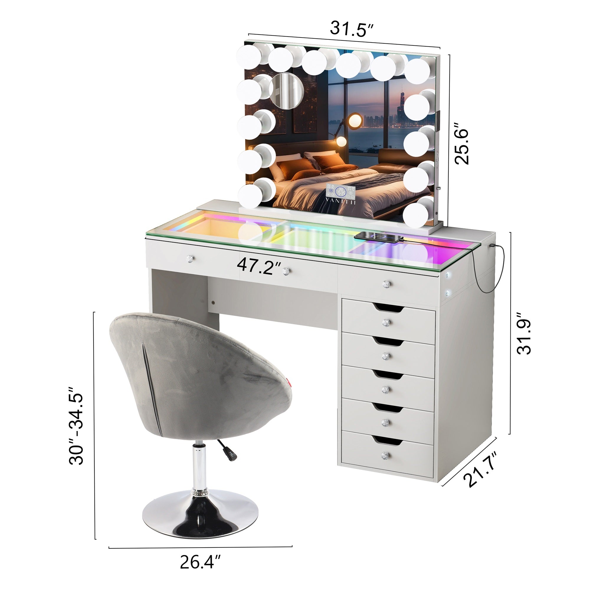 Diana Storage Drawers Vanity Set with Mirror and Chair