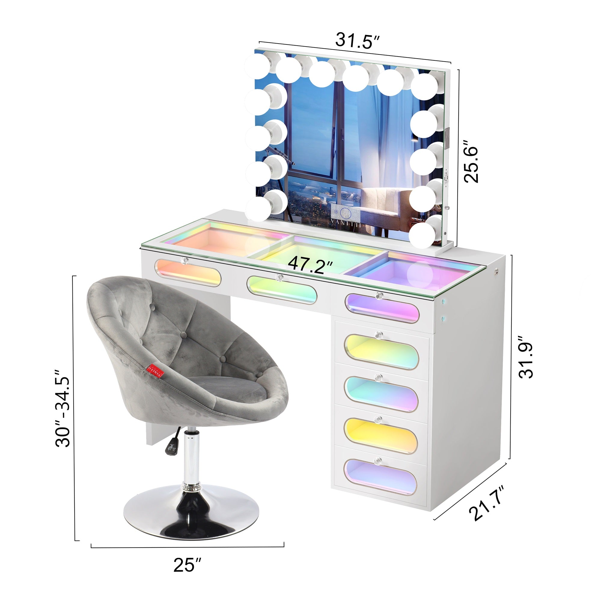 Priscilla-7 Glass Fronted Drawers Vanity Set with Mirror & Chair