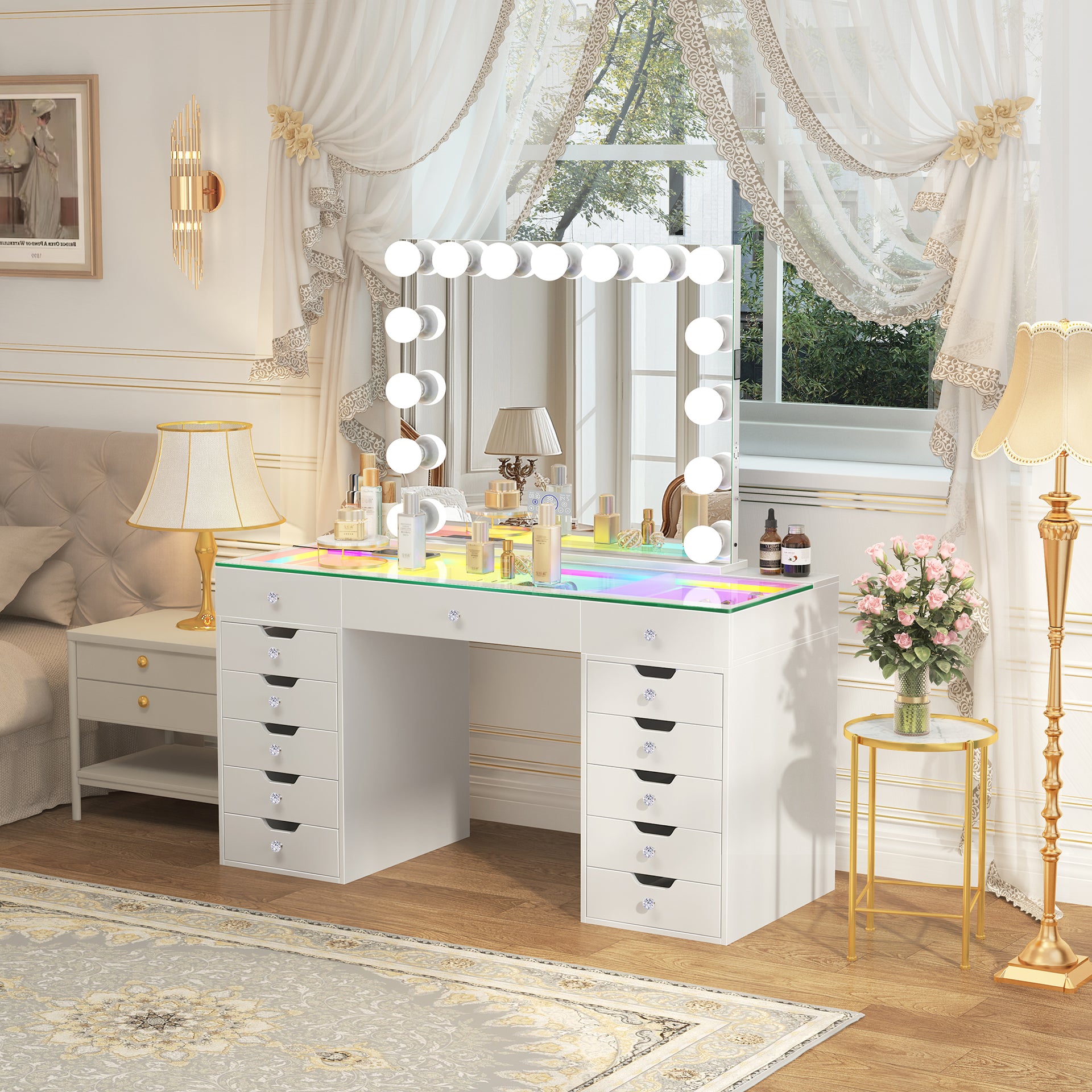 Eva-RGB Vanity Desk Set with Mirror and Chair