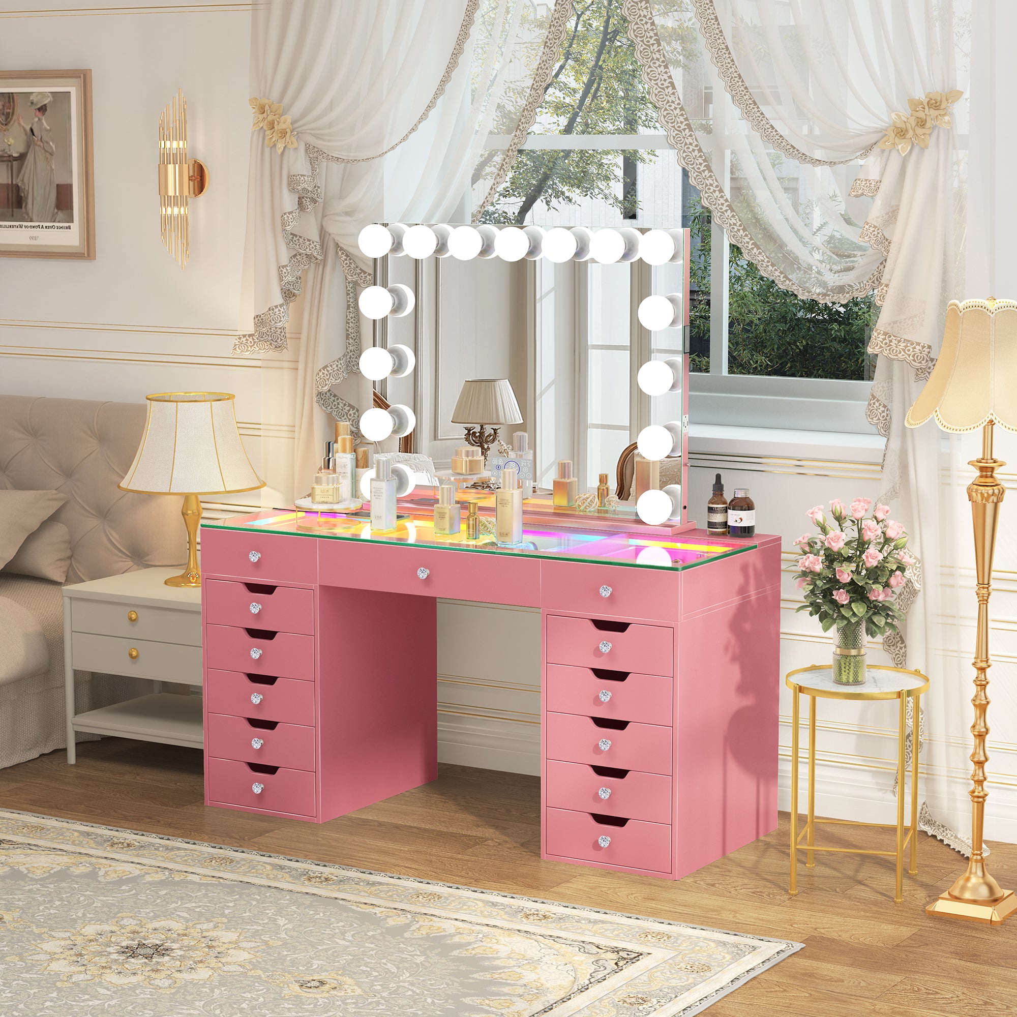 Eva-RGB Vanity Desk Set with Mirror and Chair