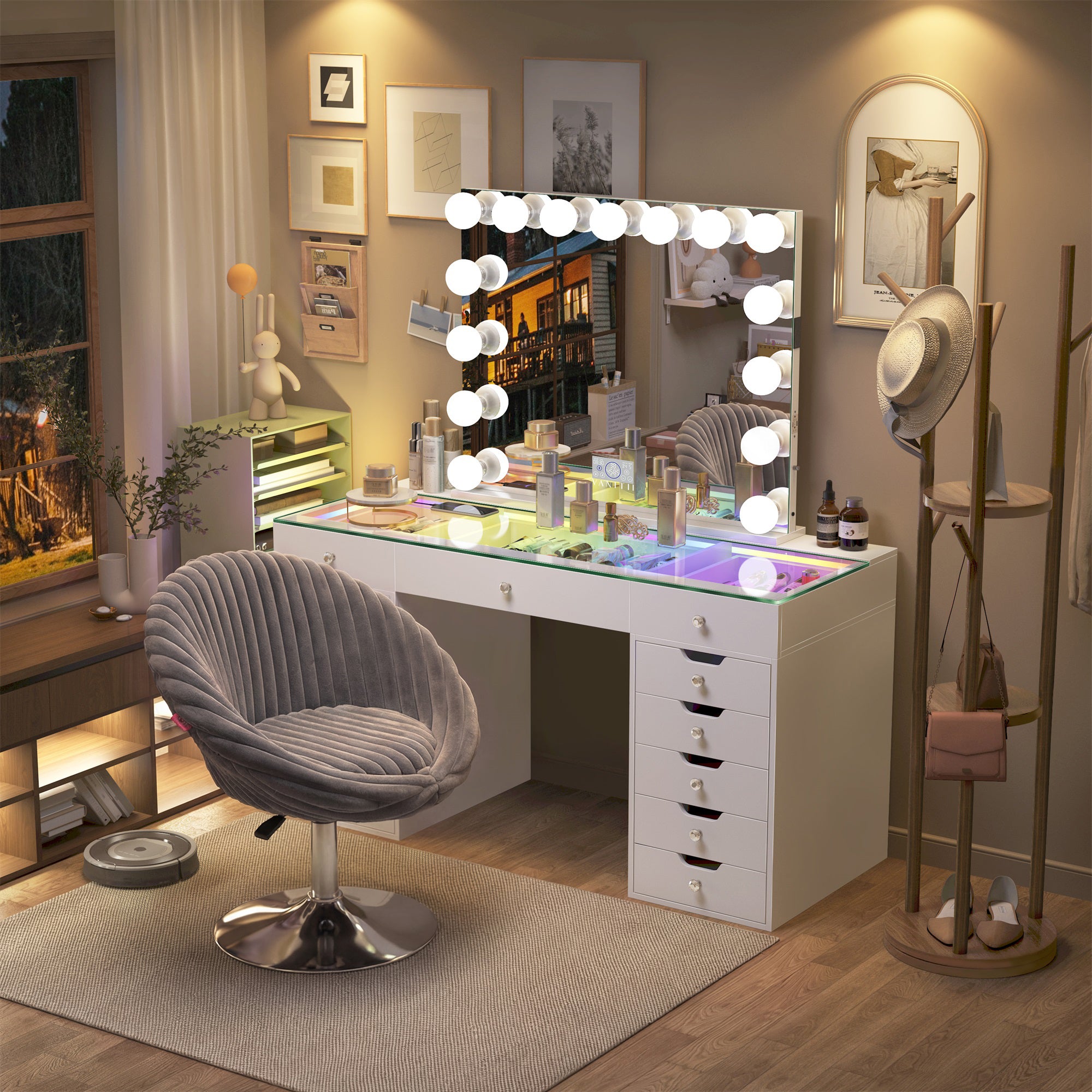 Eva-RGB Vanity Desk Set with Mirror and Chair