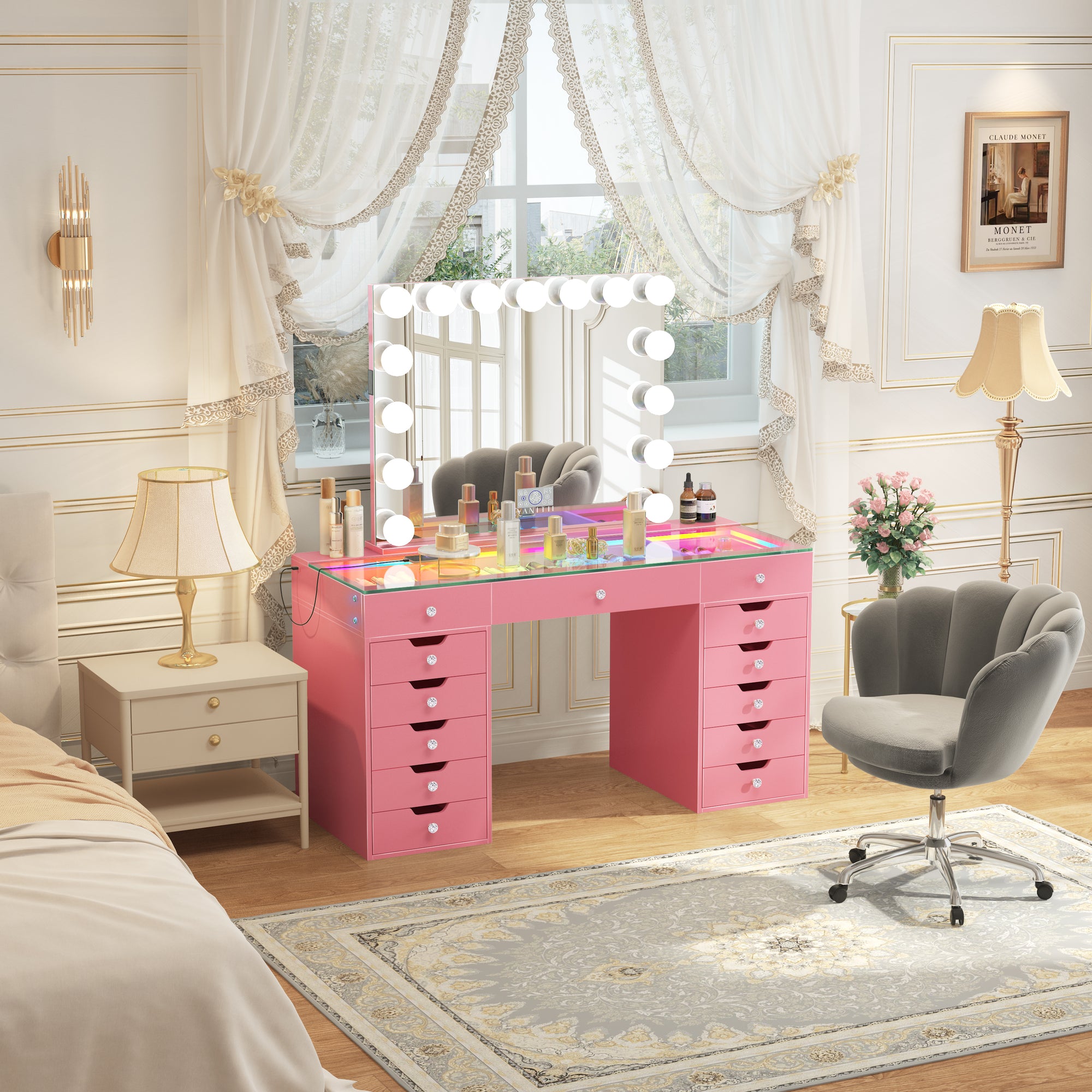 Eva-RGB Vanity Desk Set with Mirror and Chair
