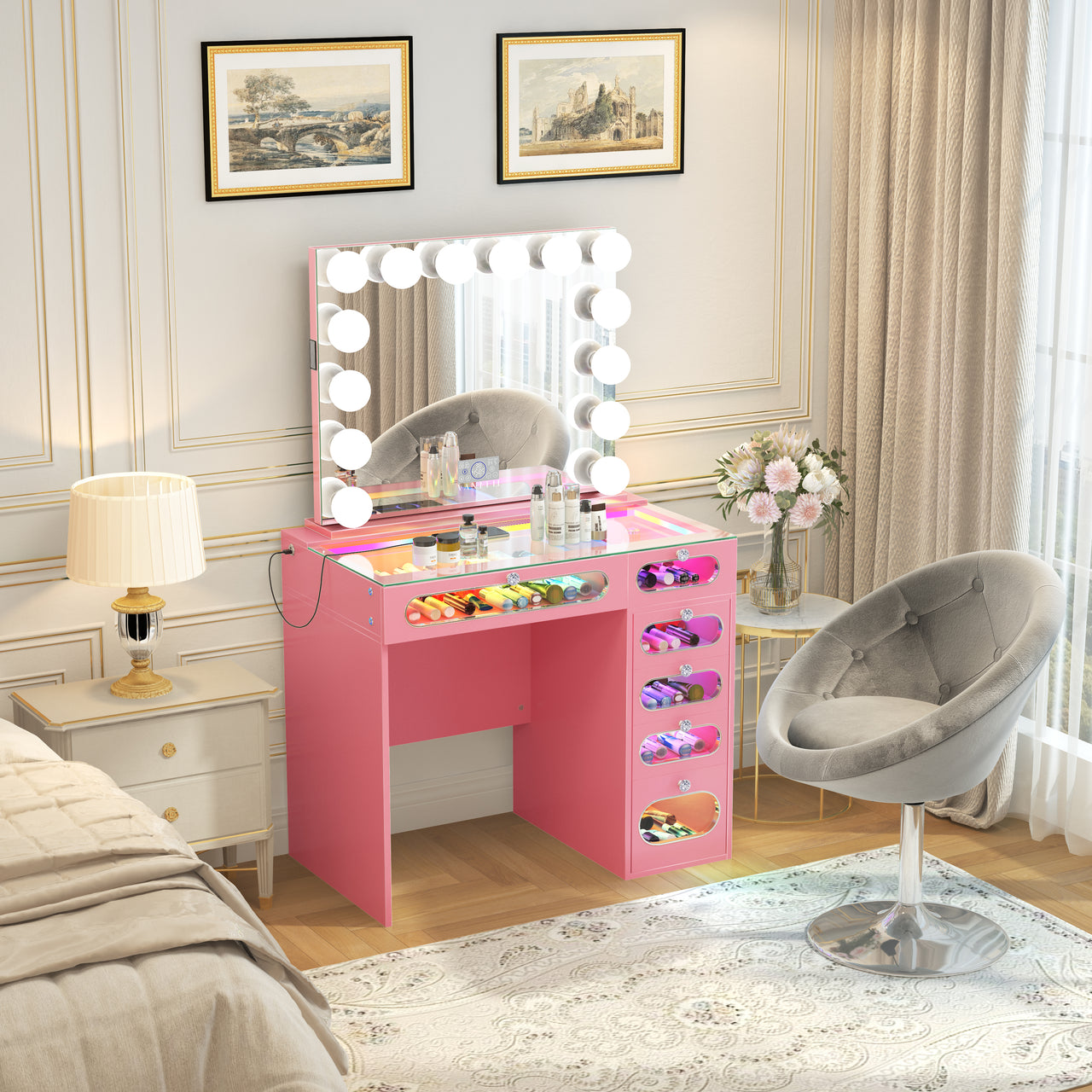 New Release ! Priscilla 6 Glass Fronted Drawers Vanity Set with Mirror & Chair
