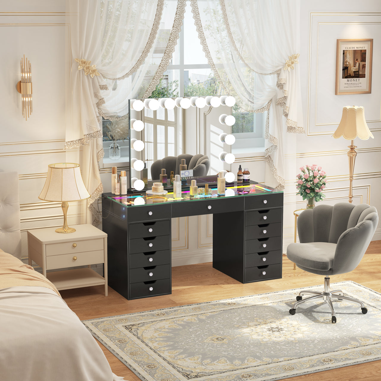 Eva-RGB Vanity Desk Set with Mirror and Chair