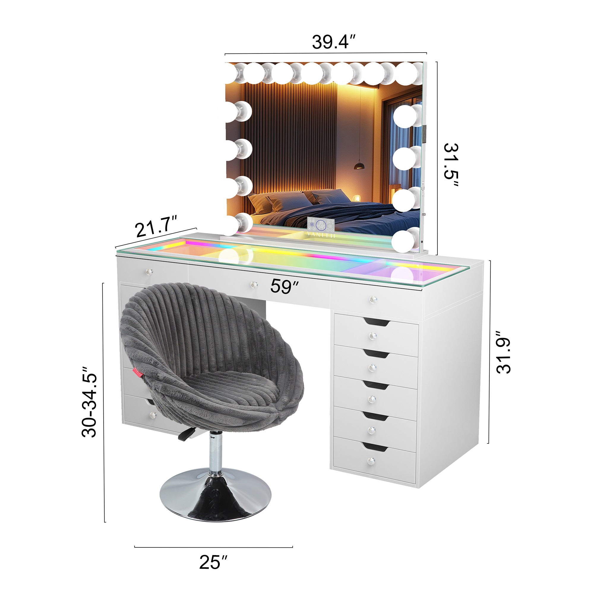 Eva-RGB Vanity Desk Set with Mirror and Chair