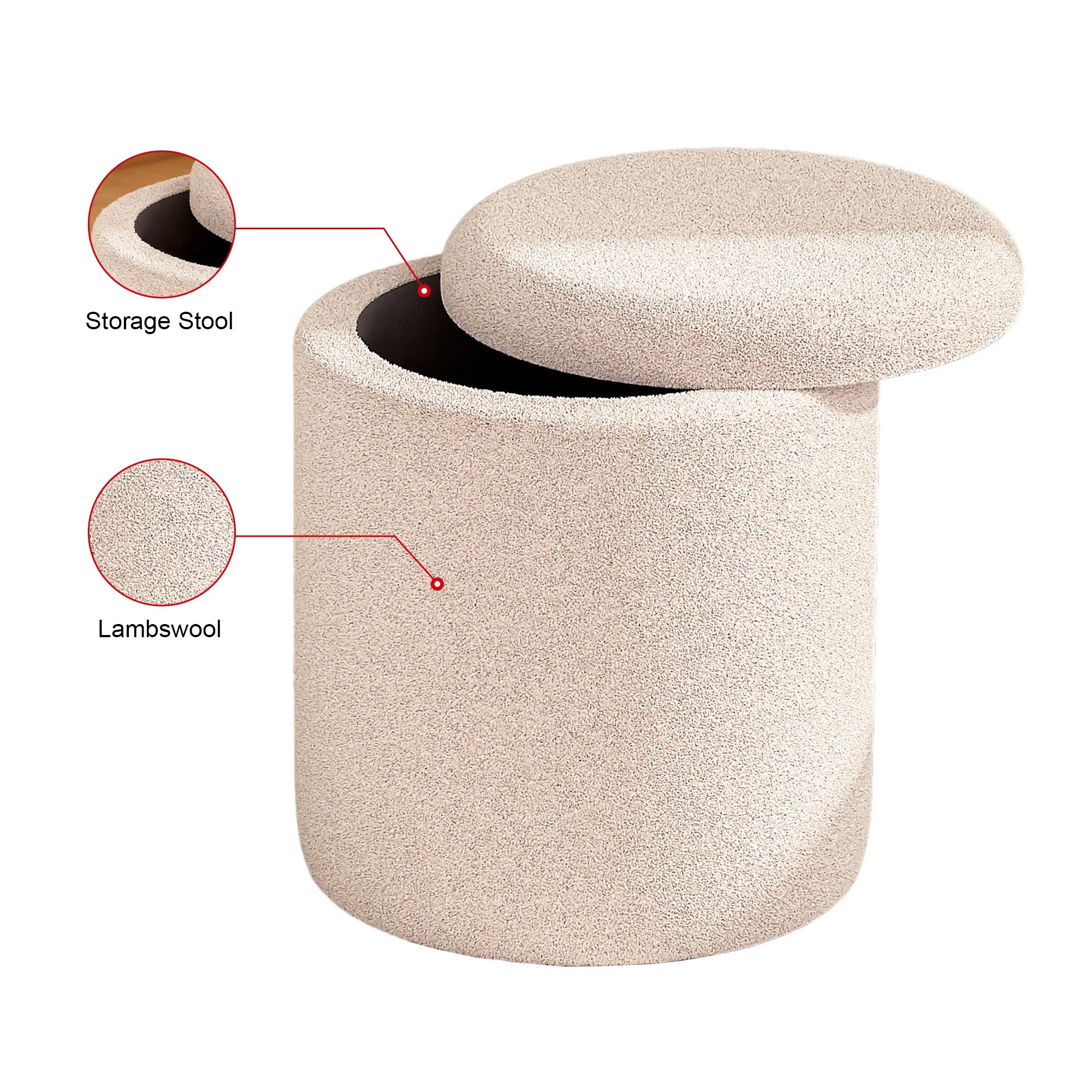 VANITII Round Lambswool Storage Stool Function