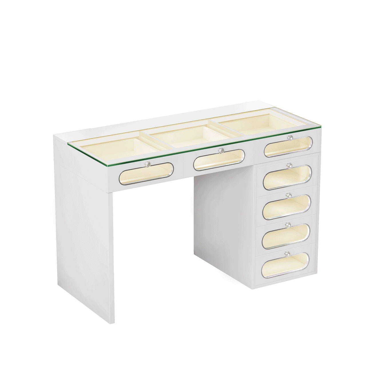 New Release ! 7 Glass Fronted Drawers with Crystal Handles